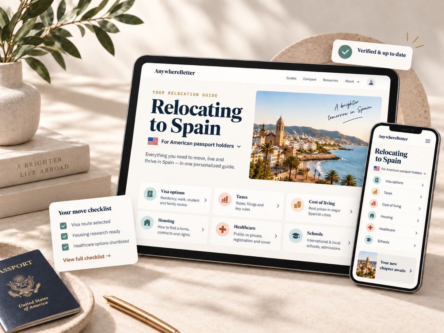 AnywhereBetter relocation guide for Spain, shown on a tablet and phone, personalized for American passport holders